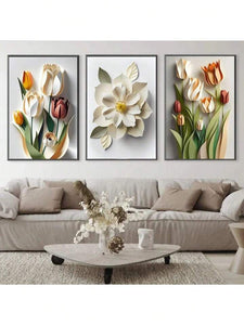Modern 3D Effect Floral Wall Art Frames Set of 3 - Size 8x11 Inches Each with Double Sided Tape